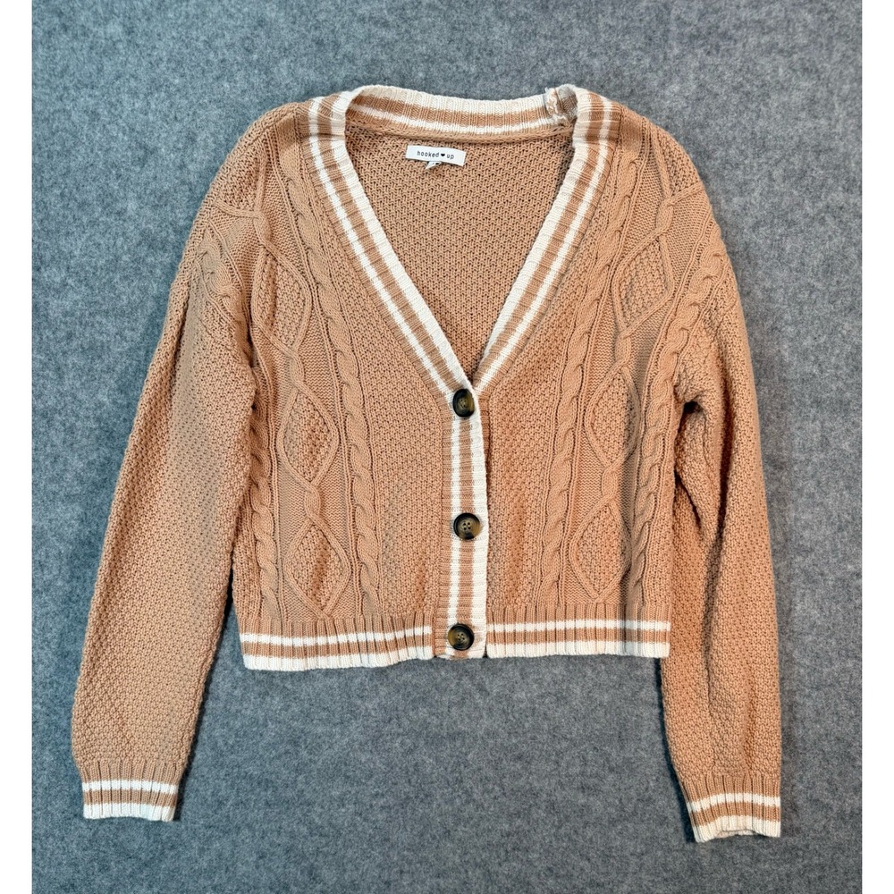 Hooked Up Womens Tan Cable Knit Varsity Striped Cropped Cardigan Sweater Size M